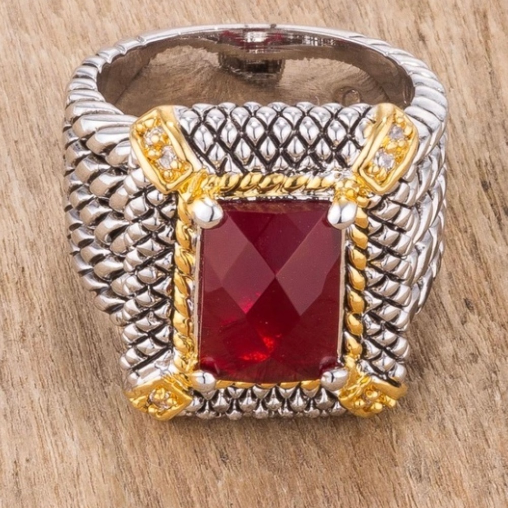 Two Tone Gold Silver Art Deco Garnet Cocktail Ring Size 11 Statement Red